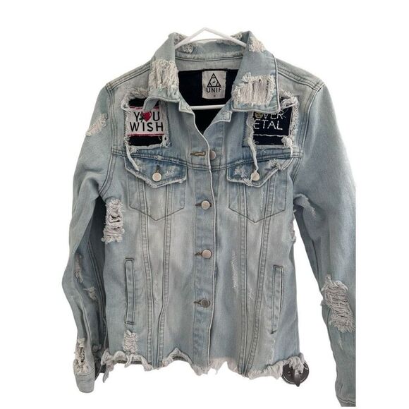 UNIF Light Wash Denim Jacket Size M You Wish For Never Retro Punk Princess - Picture 1 of 10